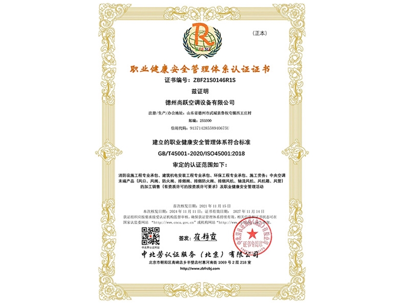 職業(yè)健康安全管理體系認(rèn)證證書(shū)